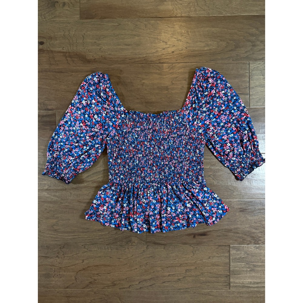 Draper James Blue‎ Floral Smocked Peplum Top Puff Sleeve Square Neck Small